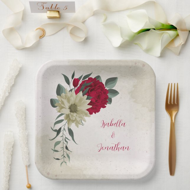 romantic red & pale yellow flowers paper plate (Wedding)