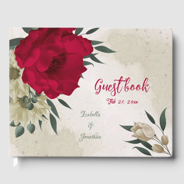 romantic red & pale yellow flowers wedding guest book (Front)