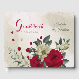 romantic red & pale yellow flowers wedding guest book