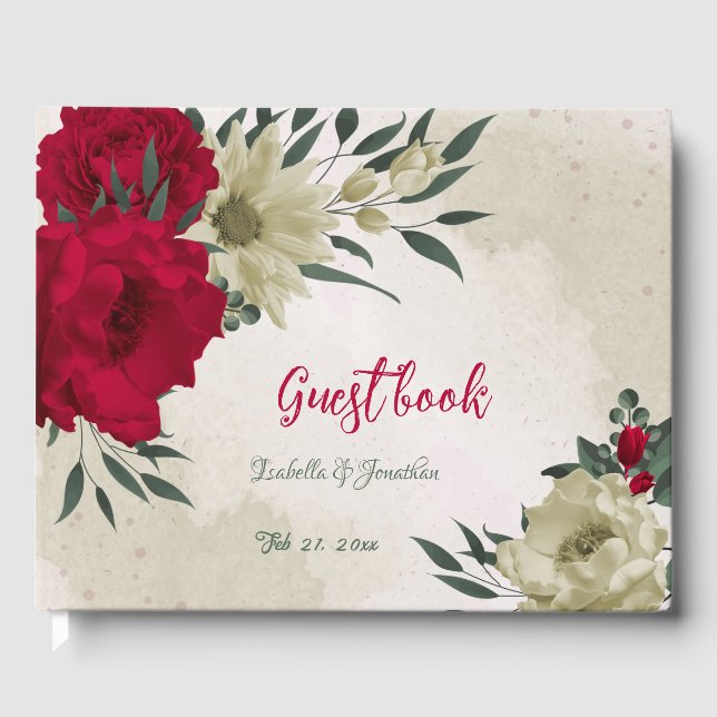 romantic red & pale yellow flowers wedding guest book (Front)