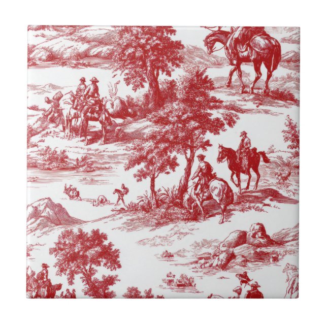 Romantic Red Pastoral Toile Nature Pattern Tile (Front)