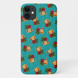 Romantic Red Peach Rose Pattern Teal Damask iPhone 11 Case