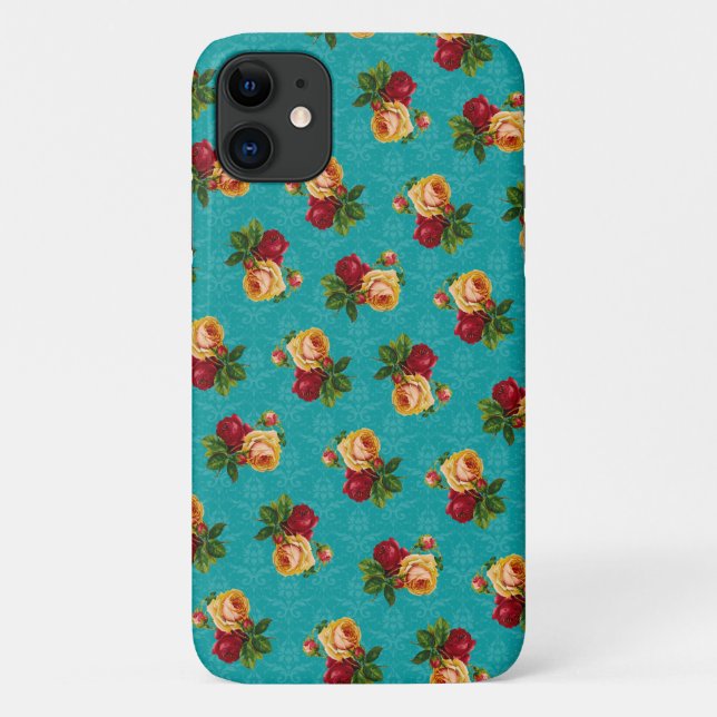 Romantic Red Peach Rose Pattern Teal Damask Case-Mate iPhone Case (Back)