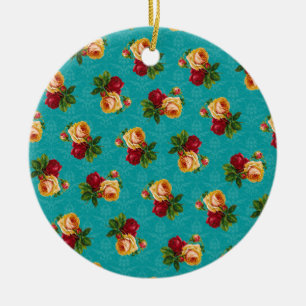 Romantic Red Peach Rose Pattern Teal Damask Ceramic Tree Decoration