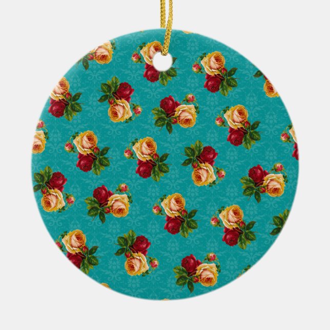 Romantic Red Peach Rose Pattern Teal Damask Ceramic Tree Decoration (Front)