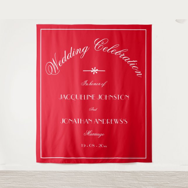 Romantic Red Personalised Chic Wedding Backdrop Tapestry (Front)