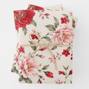 Romantic Red & Pink Floral Garden Seamless Pattern Wrapping Paper Sheet