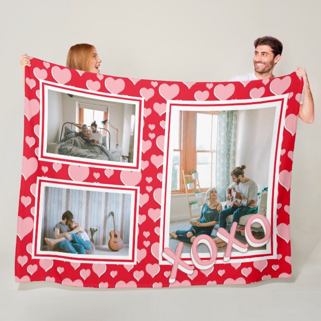 Romantic Red Pink Hearts XOXO 3 Photos Fleece Blanket (In Situ)