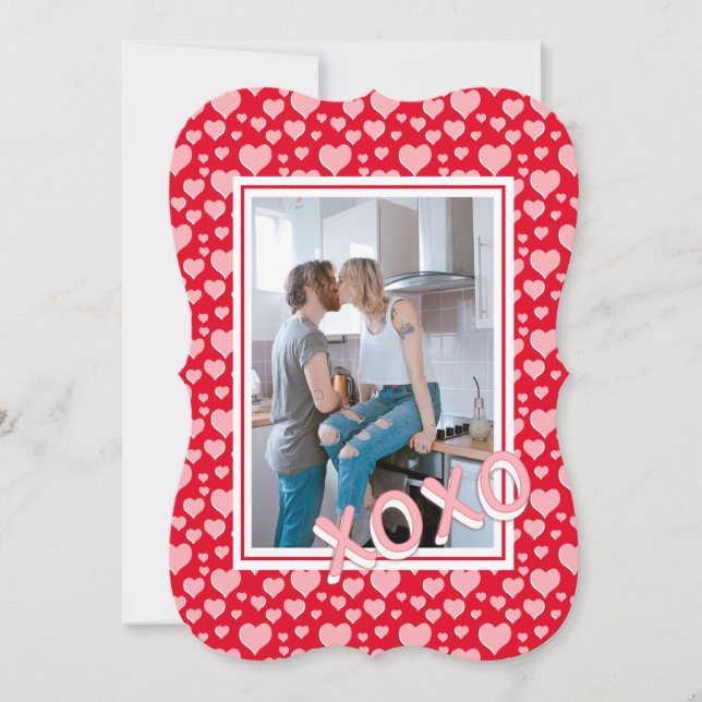 Romantic Red Pink Hearts XOXO Photo Valentine Card (Front)