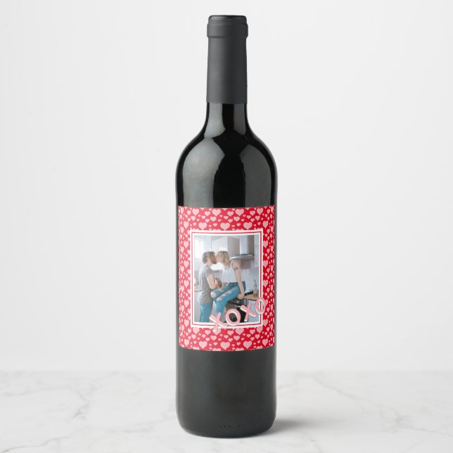Romantic Red Pink Hearts XOXO Photo Valentine Wine Label (Front)
