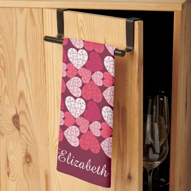 Romantic Red & Pink Jigsaw Puzzle Heart Pattern Tea Towel (Thirds Fold)