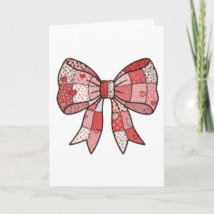Romantic Red Pink Patchwork Ribbon Bow Drawing  Card