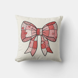 Romantic Red Pink Patchwork Ribbon Bow Drawing  Cushion