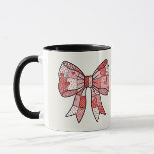 Romantic Red Pink Patchwork Ribbon Bow Drawing Mug