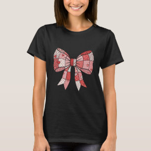 Romantic Red Pink Patchwork Ribbon Bow Drawing T-Shirt