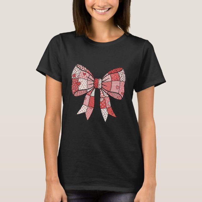 Romantic Red Pink Patchwork Ribbon Bow Drawing  T-Shirt (Front)