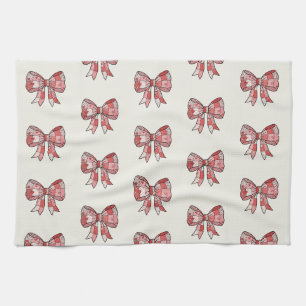 Romantic Red Pink Patchwork Ribbon Bow Drawing  Tea Towel