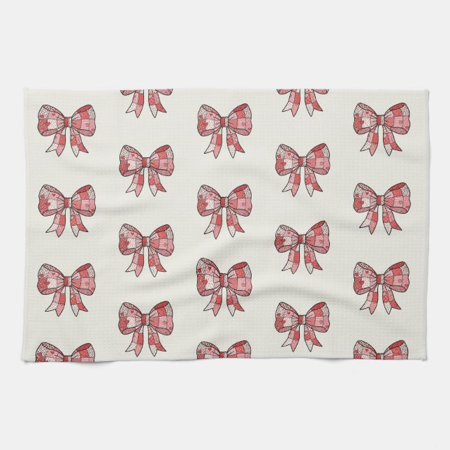Romantic Red Pink Patchwork Ribbon Bow Drawing  Tea Towel (Horizontal)