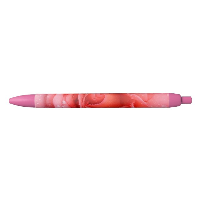 Romantic Red Pink Rose Water Drops Black Ink Pen (Front)