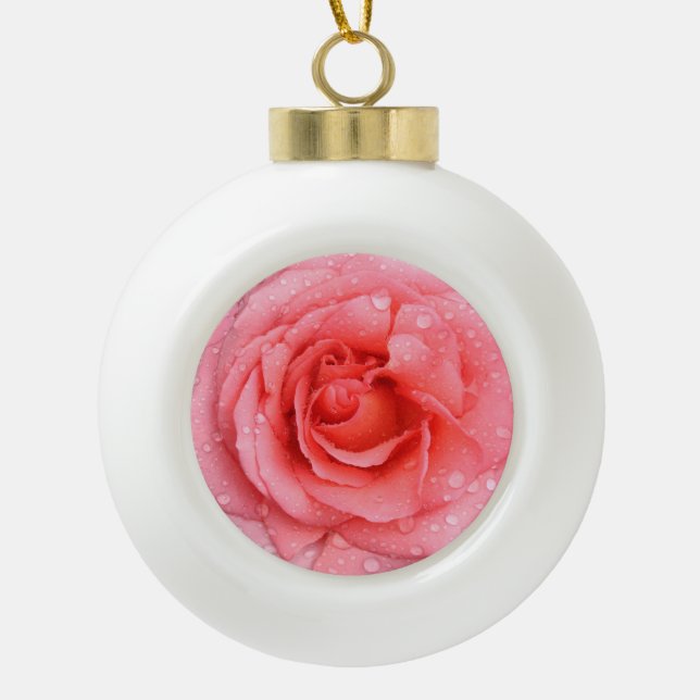 Romantic Red Pink Rose Water Drops Ceramic Ball Christmas Ornament (Front)