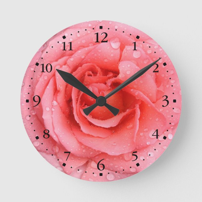 Romantic Red Pink Rose Water Drops Round Clock (Front)