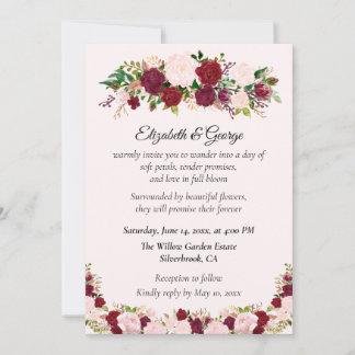 Romantic Red, Pink Roses Custom Wedding Invitation