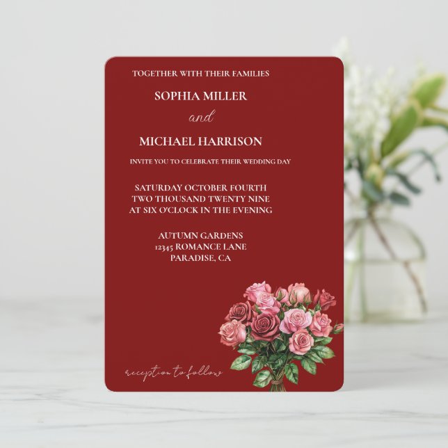 Romantic Red Pink Roses Floral Wedding Invitation (Standing Front)