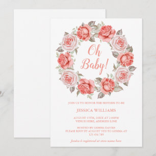 Romantic Red & Pink Roses Wreath Baby Shower Invitation