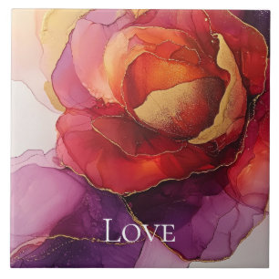 Romantic Red Purple Gold Floral Love Tile