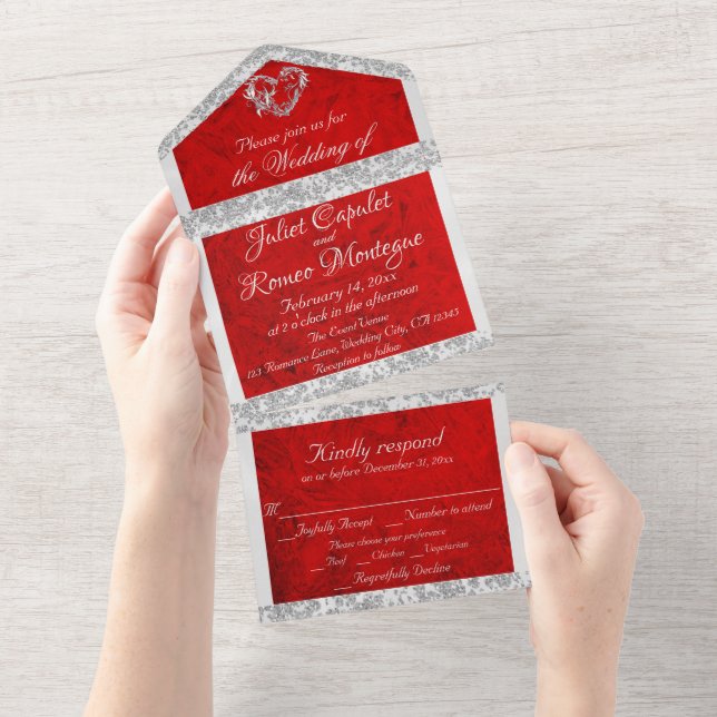 Romantic Red, Ribbon & Glitter Border & Heart All In One Invitation (Tearaway)