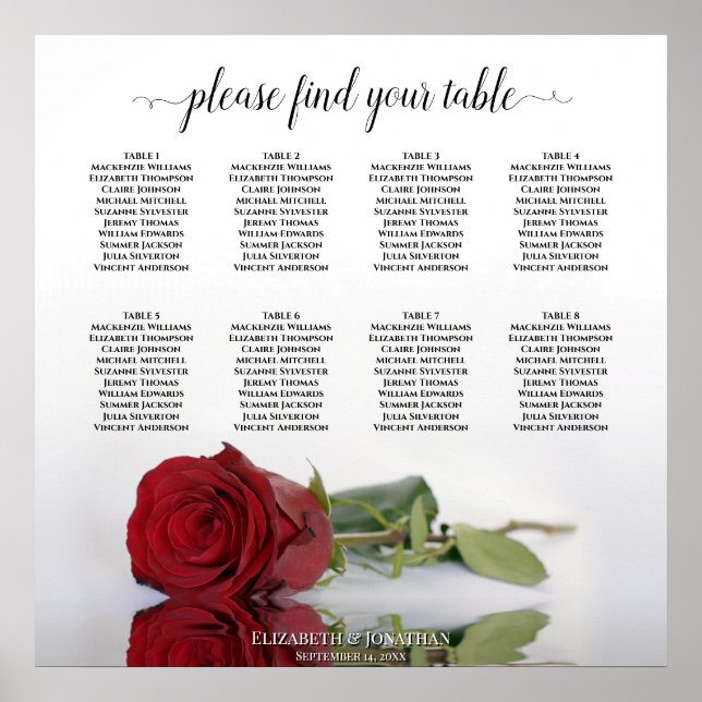 Romantic Red Rose 8 Table Wedding Seating Chart (Front)