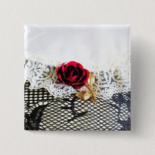 Romantic red rose and white lace 15 cm square badge