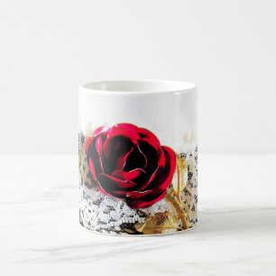 Romantic red rose and white lace coffee mug