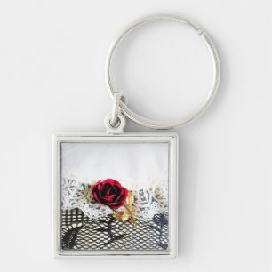 Romantic red rose and white lace key ring