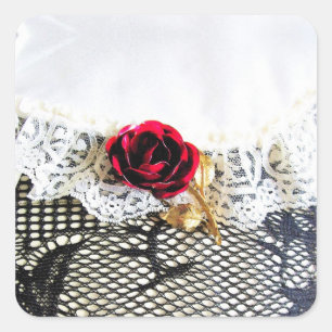 Romantic red rose and white lace square sticker