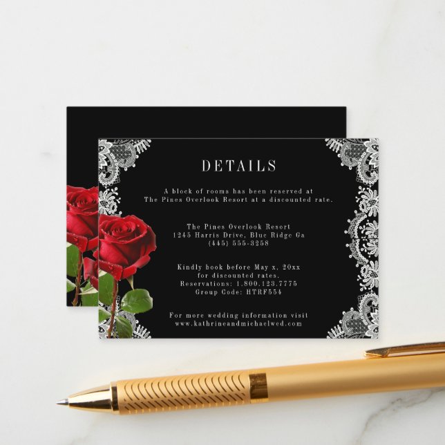 Romantic Red Rose Beautiful White Lace Wedding Enclosure Card (Front/Back In Situ)