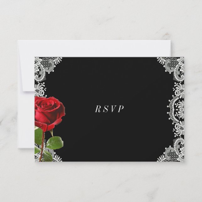 Romantic Red Rose Beautiful White Lace Wedding RSVP Card (Front)