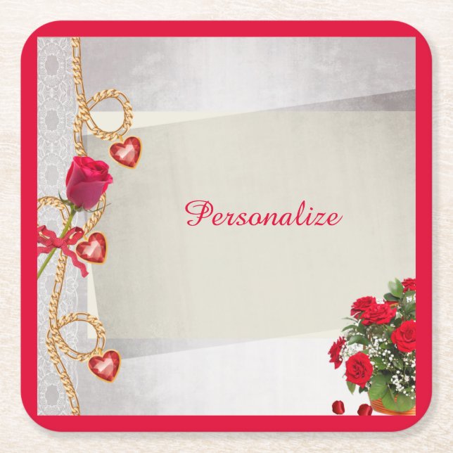 Romantic Red Rose Bouquet Hearts Personalised Square Paper Coaster (Front)