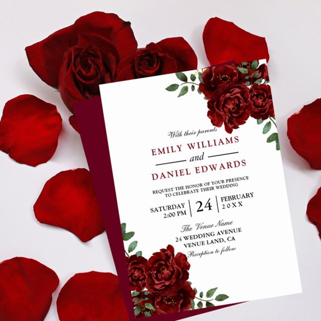 Romantic Red Rose Burgundy Elegant Wedding Invitation (Creator Uploaded)