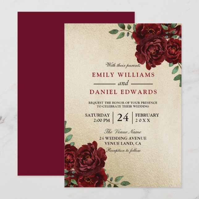 Romantic Red Rose Burgundy Golden Elegant Wedding Invitation (Front/Back)