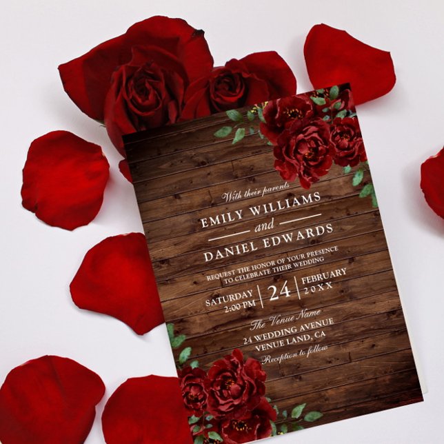 Romantic Red Rose Burgundy Rustic Wood wedding Invitation (Creator Uploaded)