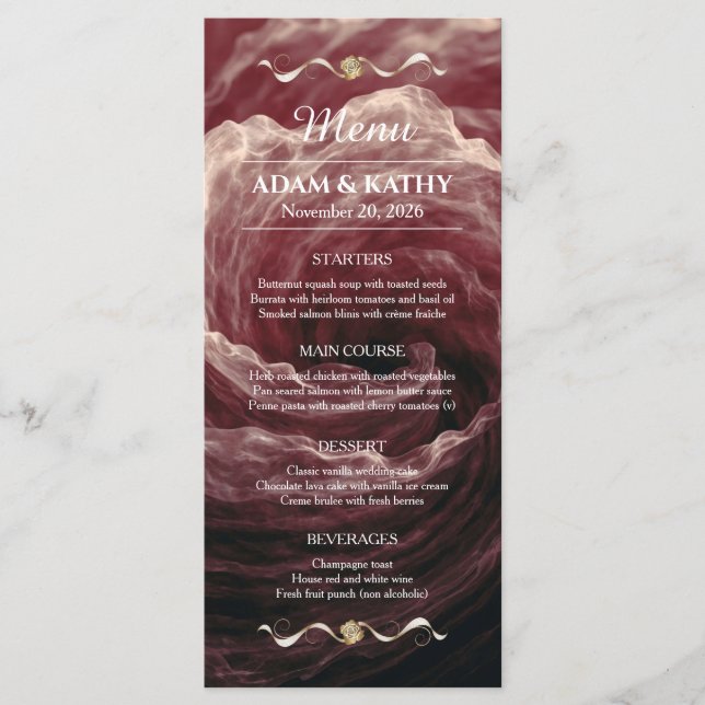 Romantic Red Rose Burgundy Wedding Menu (Front)