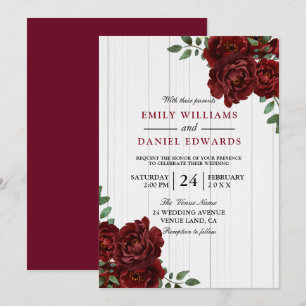 Romantic Red Rose Burgundy Wood Wedding Invite