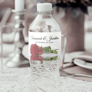 Romantic Red Rose Couple's Names Elegant Wedding Water Bottle Label