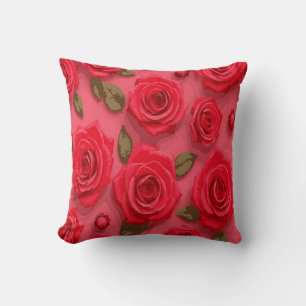 Romantic Red Rose Design – Lush Green Leaves Cushion