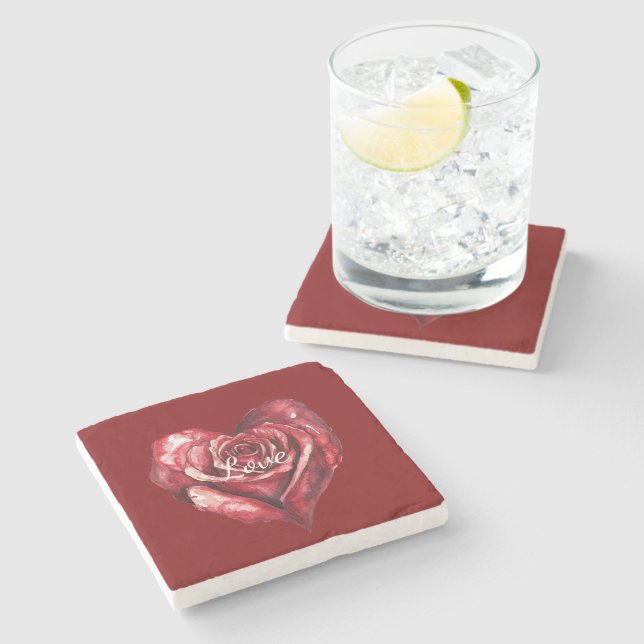 Romantic Red Rose Flower Heart Wedding Stone Coaster (Side)