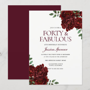 Romantic Red Rose Forty & Fabulous 40th Birthday Invitation