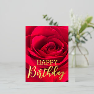 Romantic Red Rose Happy Birthday  Real Gold  Foil Holiday Postcard