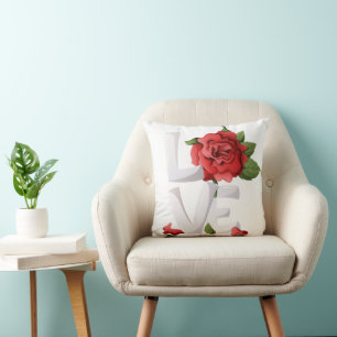 Romantic Red Rose Love Typography Botanical Cushion