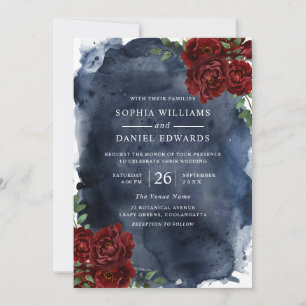 Romantic Red Rose & Navy Watercolor Wedding Invitation